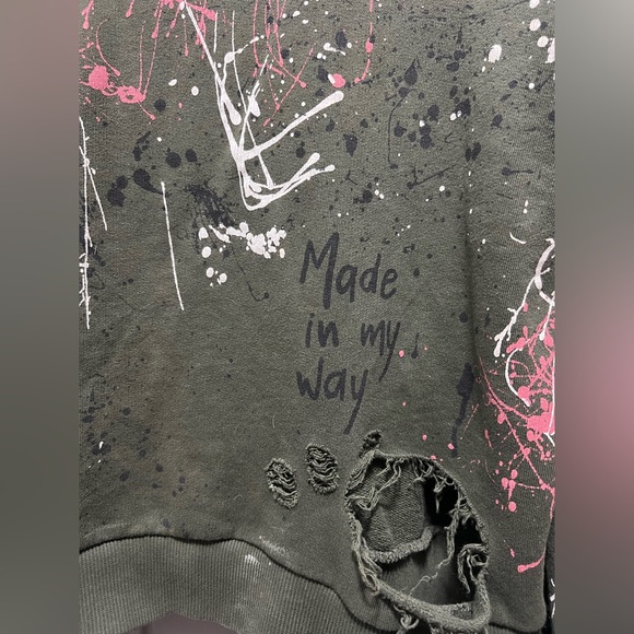 Zara Sweatshirt High Neck Green Distressed Grafitti Splatter Paint - Small Women - Picture 9 of 14